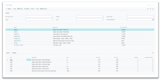 Figure 7: The Style list has filtering options so the user can narrow in the list of possible garment styles for the customer request. As you click on one of the styles you will see which items are related to this.