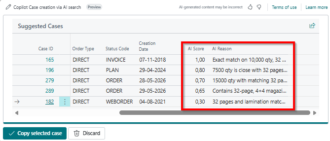 Ranked search results with AI score and reason